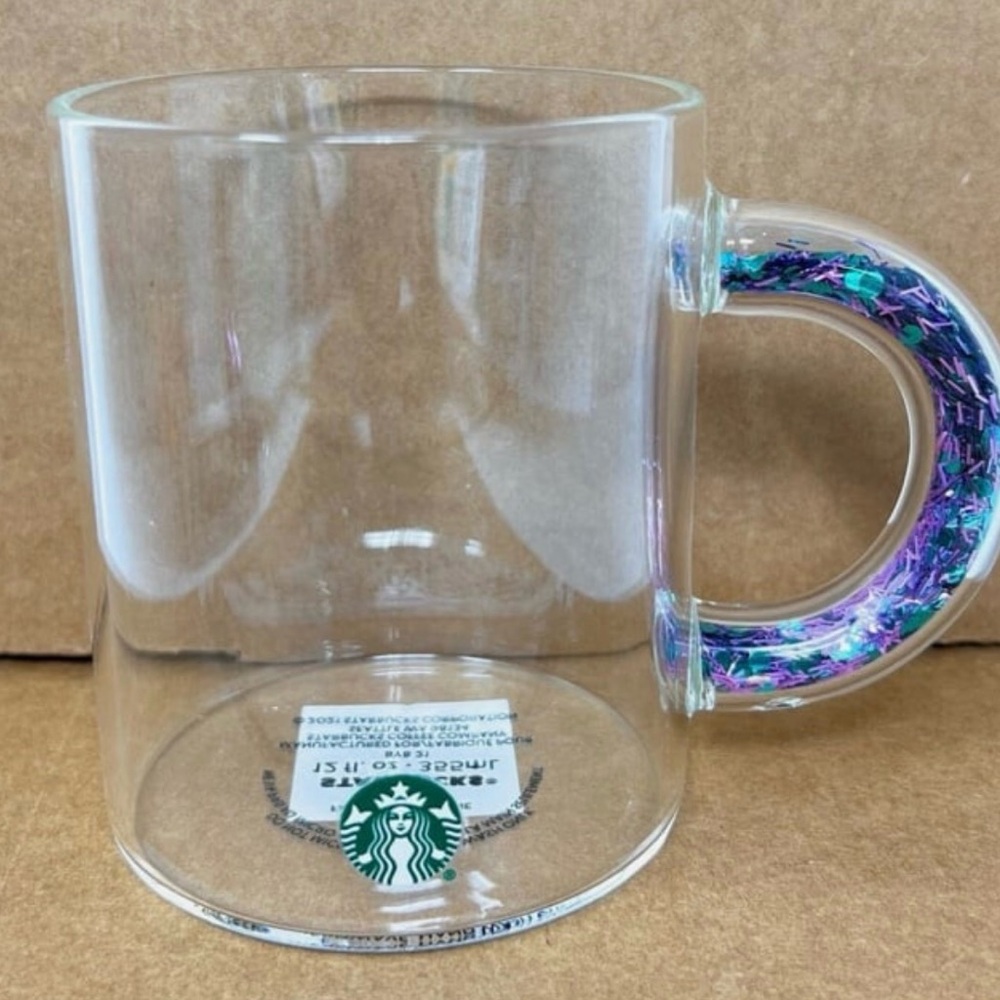 Starbucks Confetti Glitter Glass Mug Handle Teal/ Purple 12 oz, NWT